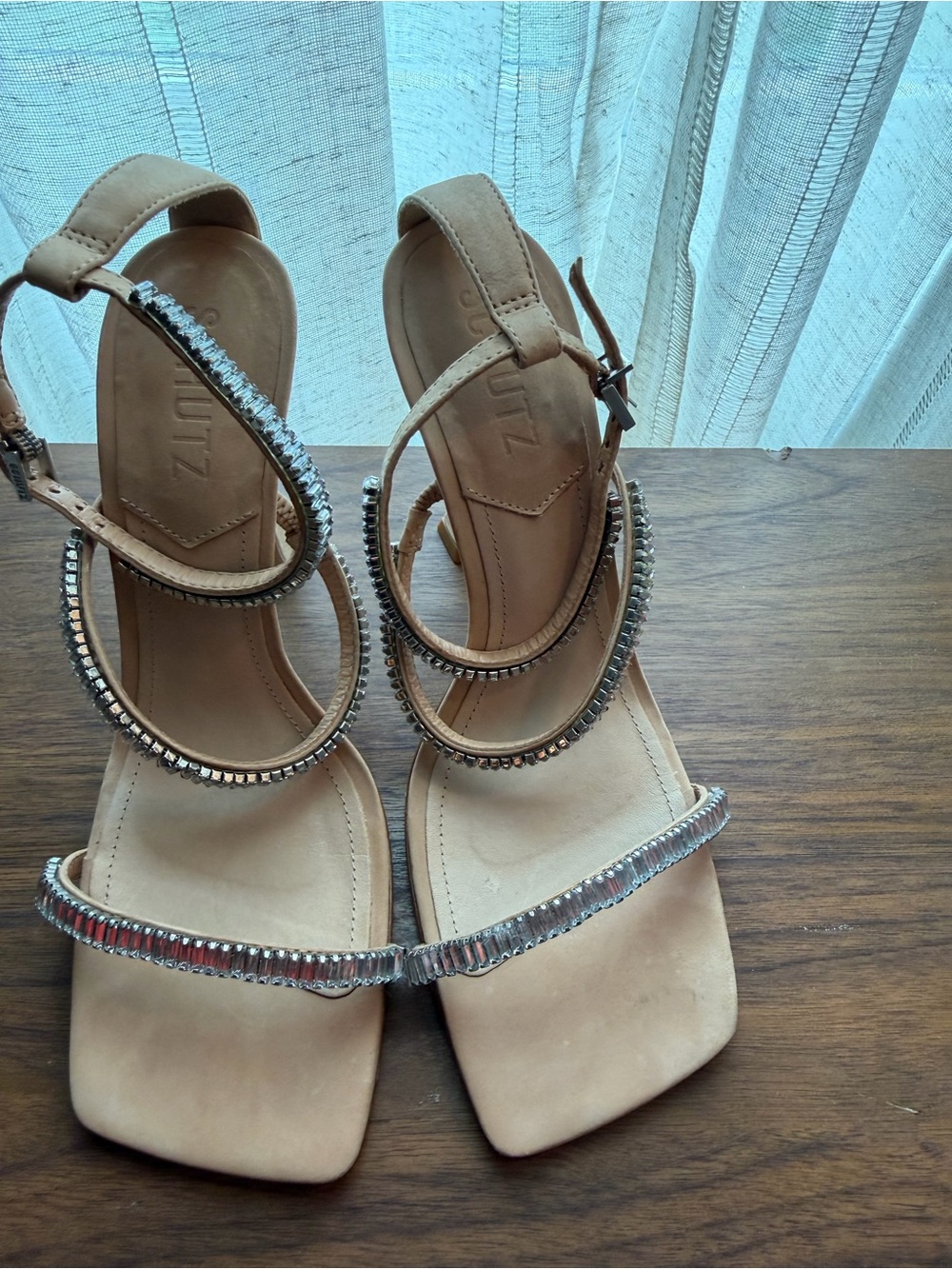 SCHUTZ Nude Crystal-Embellished Strappy Heels 4,5